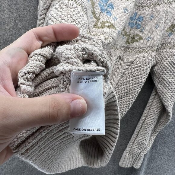 LL Bean Signature Sweater Womens XL Beige Floral Cable Knit Cotton Pullover - Picture 12 of 13